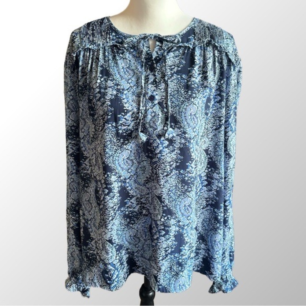 Joie Parisian Paisley Blouse Women's XXL Blue Boho Tassel Tie Neck Pintuck Top